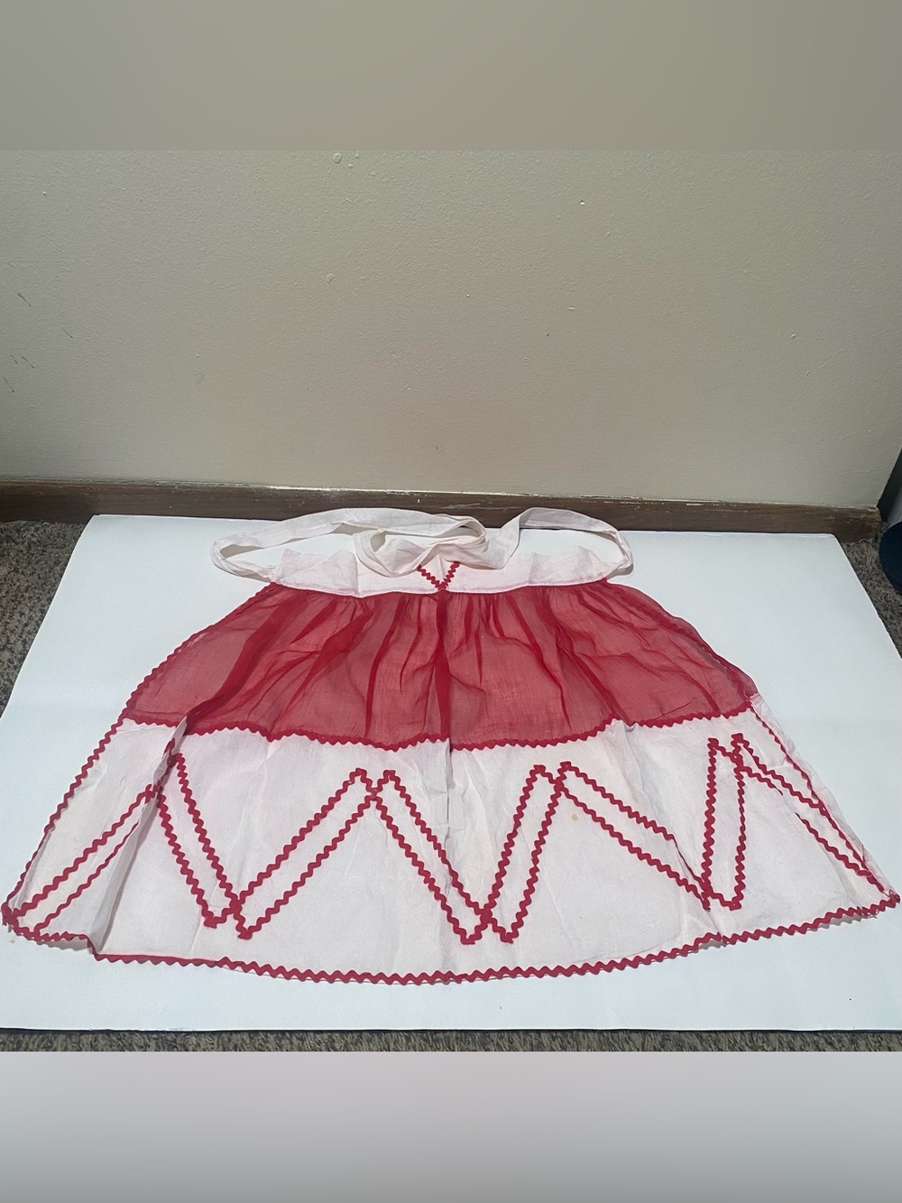 Vintage 1950s Red White Sheer Organdy Half Apron Rick Rack Zig Zag Hostess